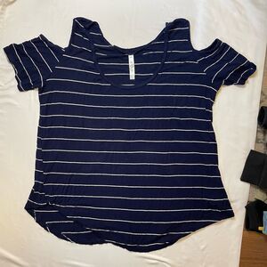 Love Charm size XL navy blue and whites striped open shoulder blouse